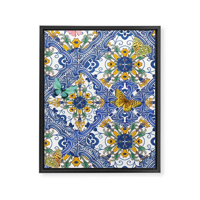 Blue ceramic maiolica tiles, yellow flowers and butterflies Framed Canvas Print Gallery Image 1