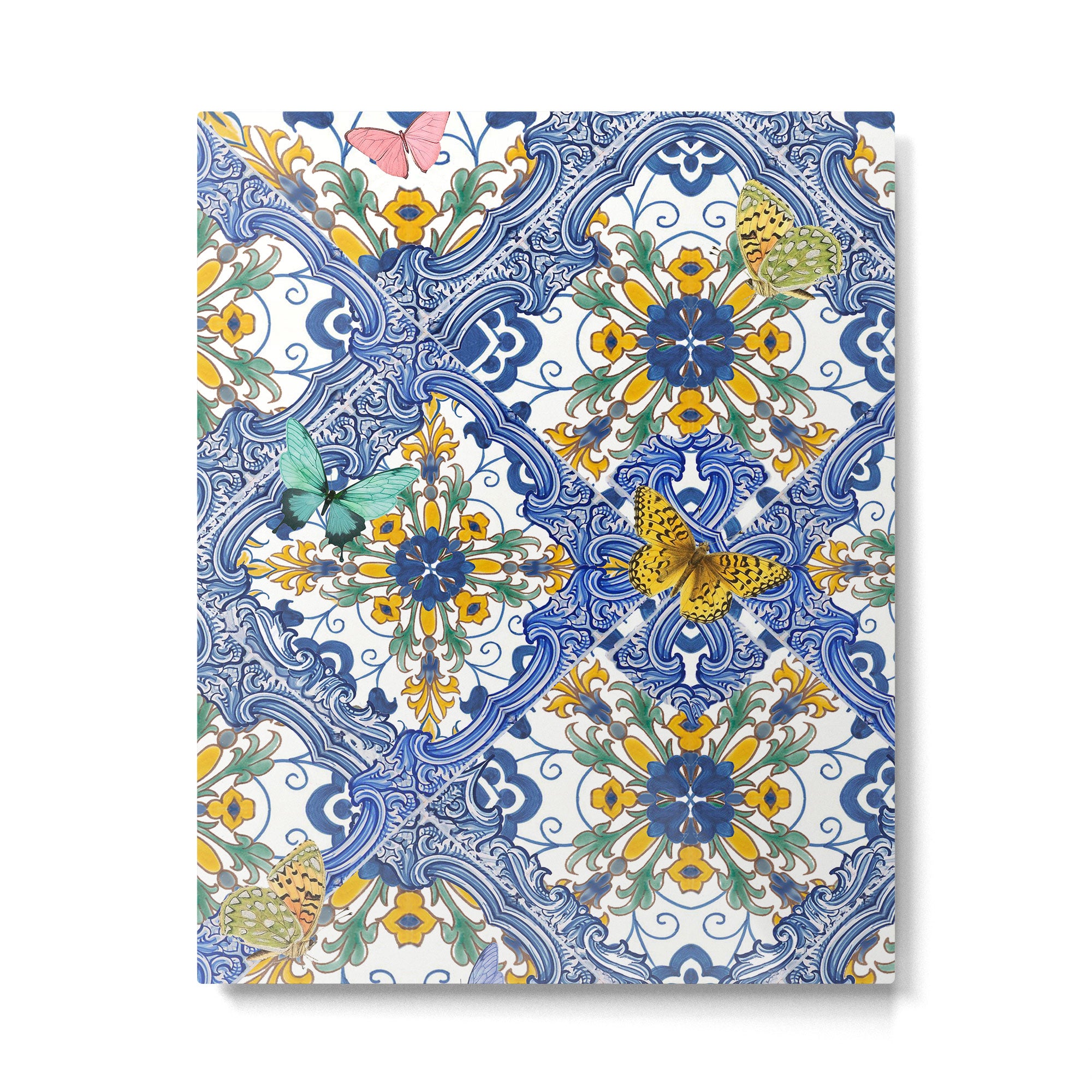Blue ceramic maiolica tiles, yellow flowers and butterflies Metal Print Gallery Image 6