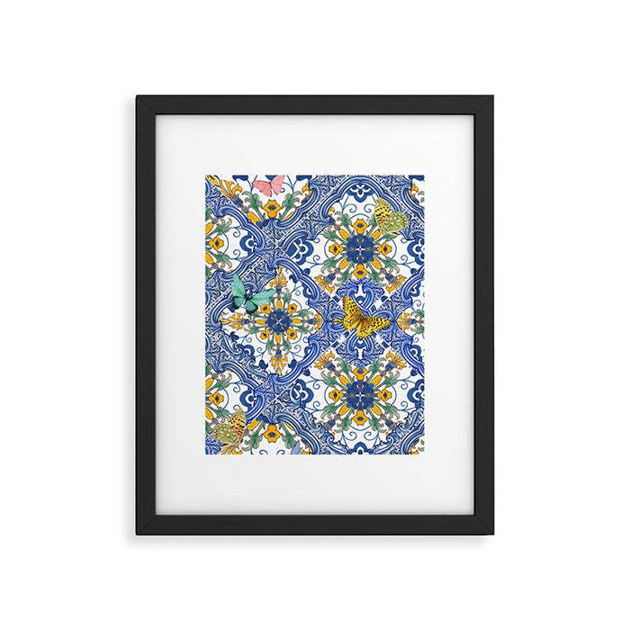 Blue ceramic maiolica tiles, yellow flowers and butterflies Framed Art Print Gallery Image 1