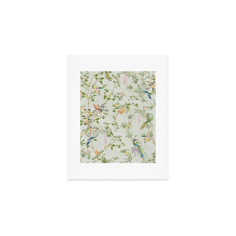 Floral Garden Climbing Vines and Chinoiserie Birds on mint Art Print Gallery Image 1