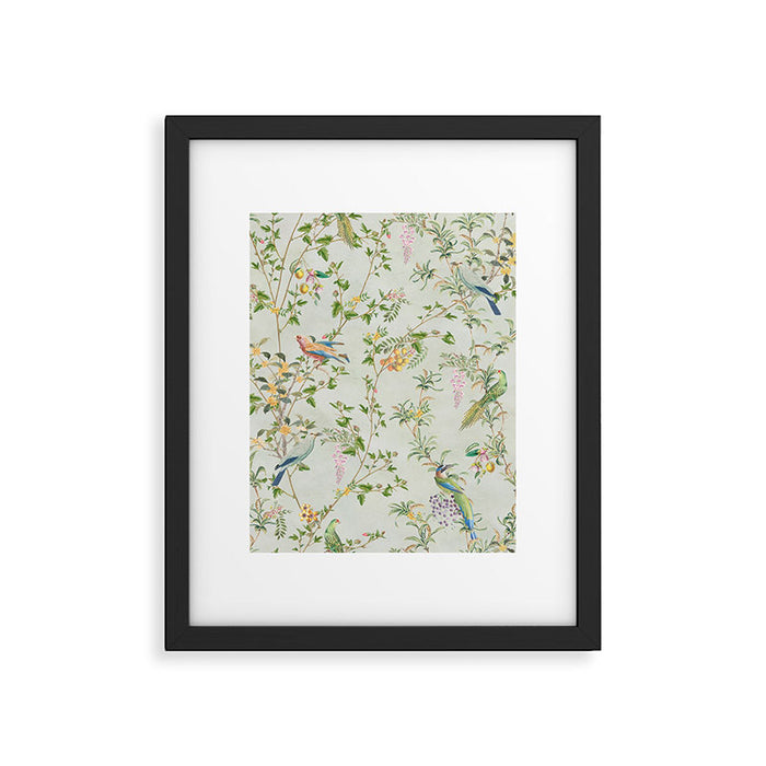 Floral Garden Climbing Vines and Chinoiserie Birds on mint Framed Art Print Gallery Image 1