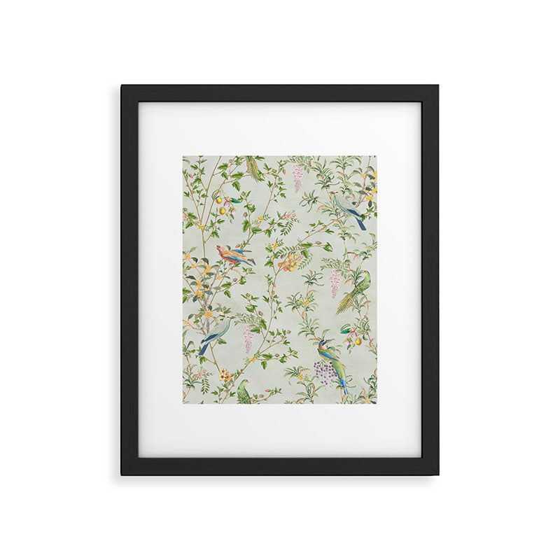 Floral Garden Climbing Vines and Chinoiserie Birds on mint Framed Art Print Gallery Image 6