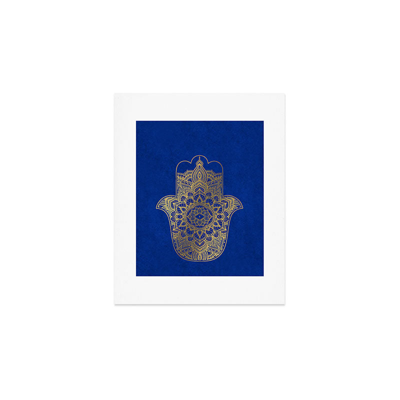 golden hamsa fatma hand and mandala on classic blue Art Print Gallery Image 1