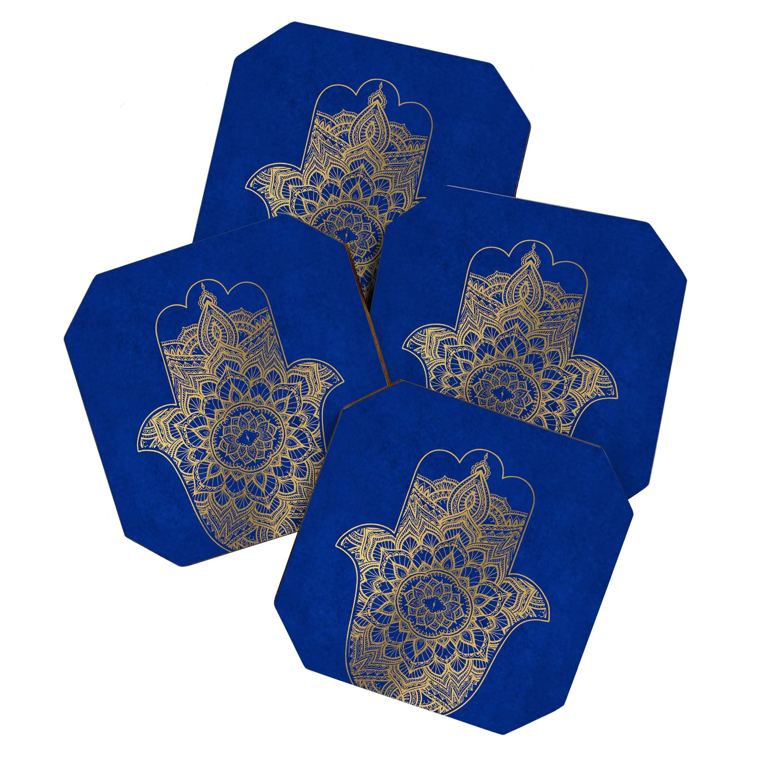golden hamsa fatma hand and mandala on classic blue Coaster Gallery Image 1