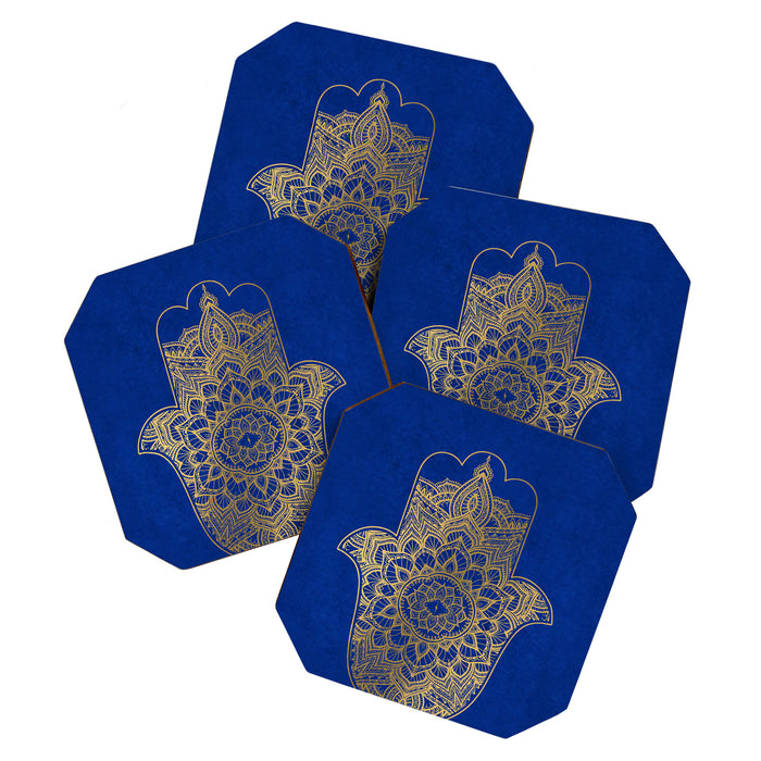 golden hamsa fatma hand and mandala on classic blue Coaster Gallery Image 1