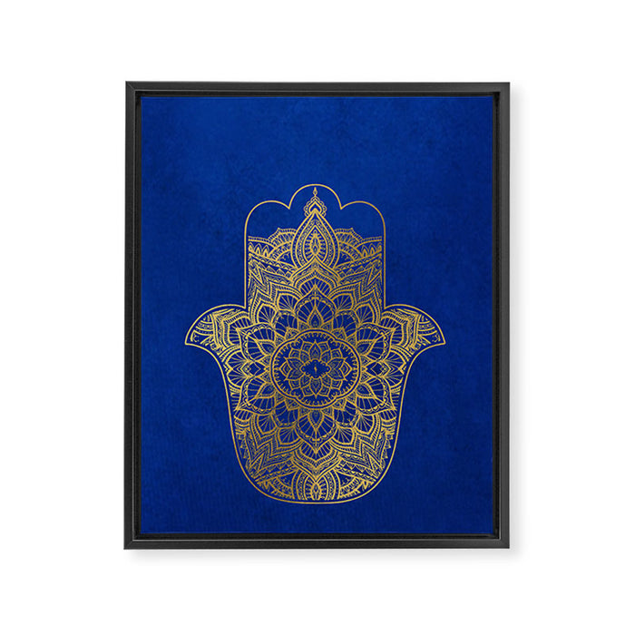 golden hamsa fatma hand and mandala on classic blue Framed Canvas Print Gallery Image 1
