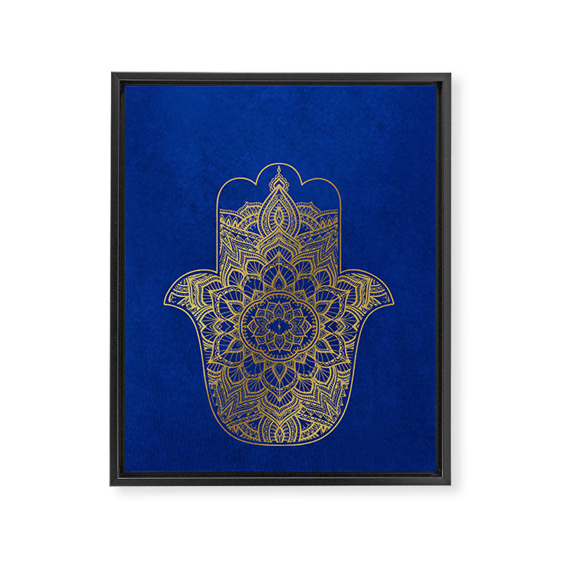 golden hamsa fatma hand and mandala on classic blue Framed Canvas Print Gallery Image 6