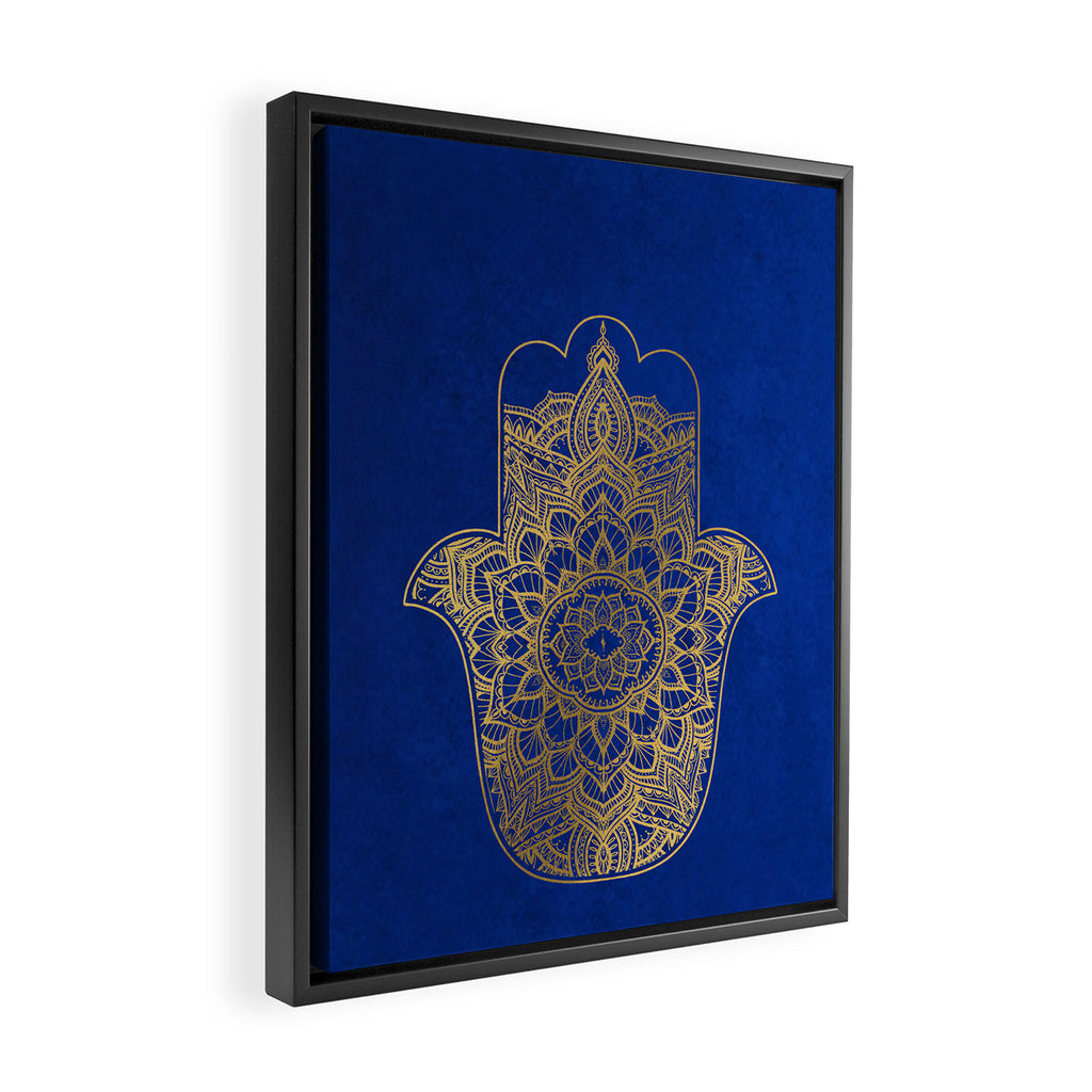 golden hamsa fatma hand and mandala on classic blue Framed Canvas Print Gallery Image 2