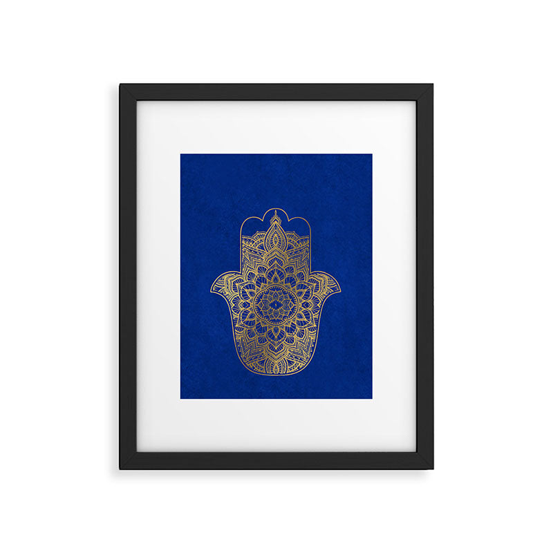 golden hamsa fatma hand and mandala on classic blue Framed Art Print Gallery Image 5