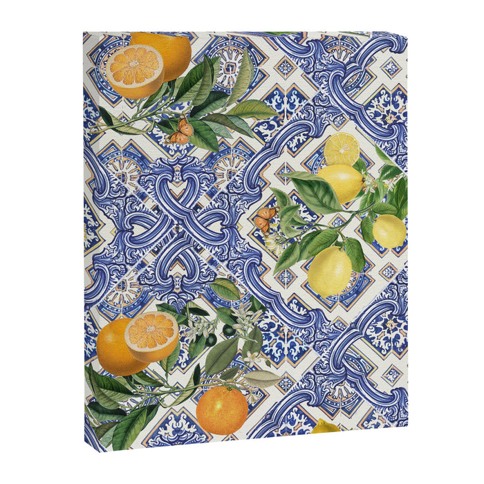 Mediterranean blue ceramic tiles, citrus fruit, lemons and oranges Canvas Print Gallery Image 1