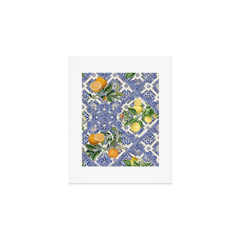 Mediterranean blue ceramic tiles, citrus fruit, lemons and oranges Art Print Gallery Image 1