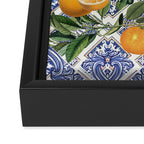 Mediterranean blue ceramic tiles, citrus fruit, lemons and oranges Framed Canvas Print Gallery Image 3
