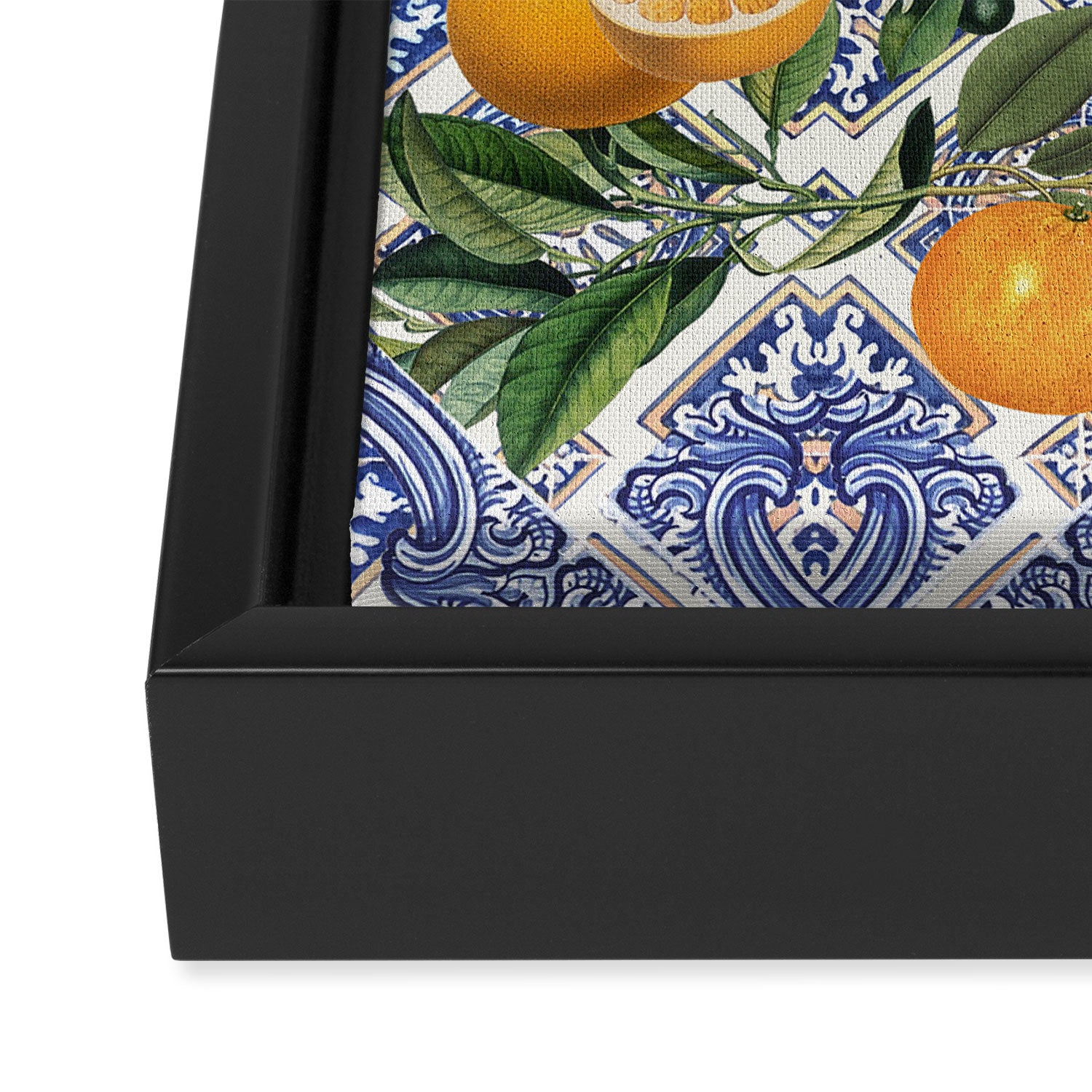 Mediterranean blue ceramic tiles, citrus fruit, lemons and oranges Framed Canvas Print Gallery Image 3