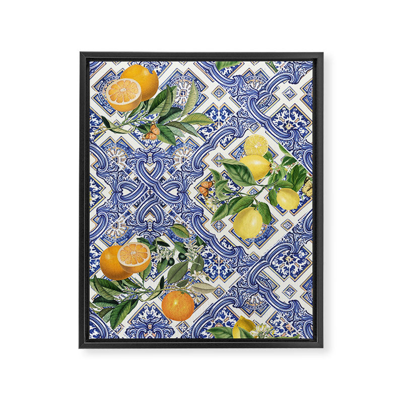 Mediterranean blue ceramic tiles, citrus fruit, lemons and oranges Framed Canvas Print Gallery Image 6
