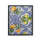 Mediterranean blue ceramic tiles, citrus fruit, lemons and oranges Framed Canvas Print Gallery Image 6