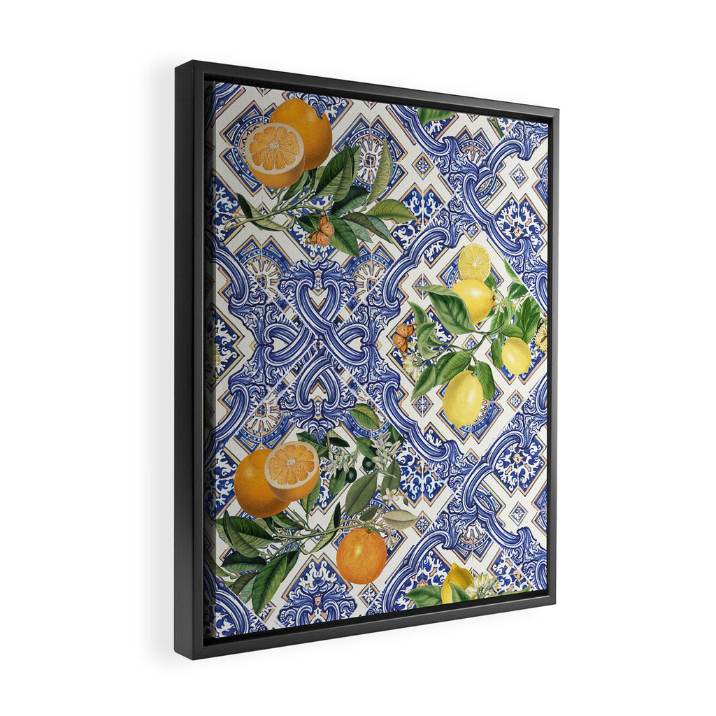 Mediterranean blue ceramic tiles, citrus fruit, lemons and oranges Framed Canvas Print Gallery Image 2