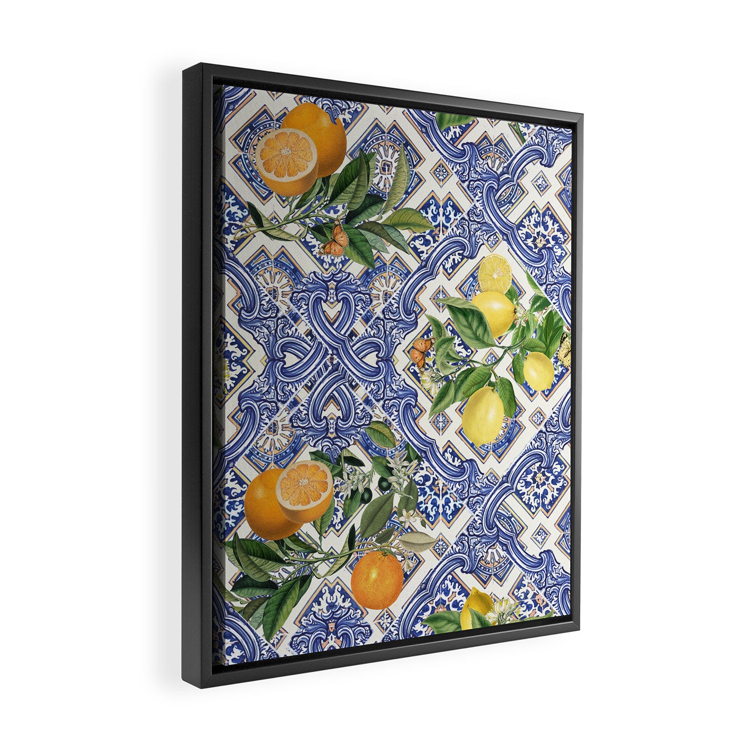 Mediterranean blue ceramic tiles, citrus fruit, lemons and oranges Framed Canvas Print Gallery Image 2