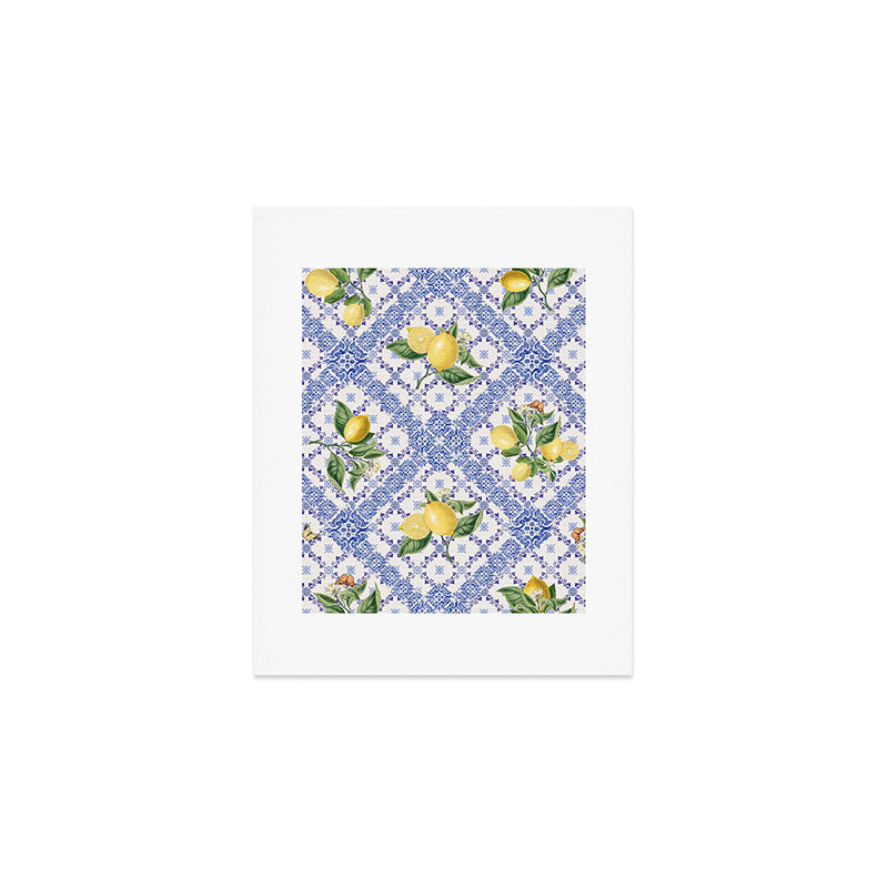 Mediterranean citrus, lemons on blue ceramic tiles Art Print Gallery Image 1