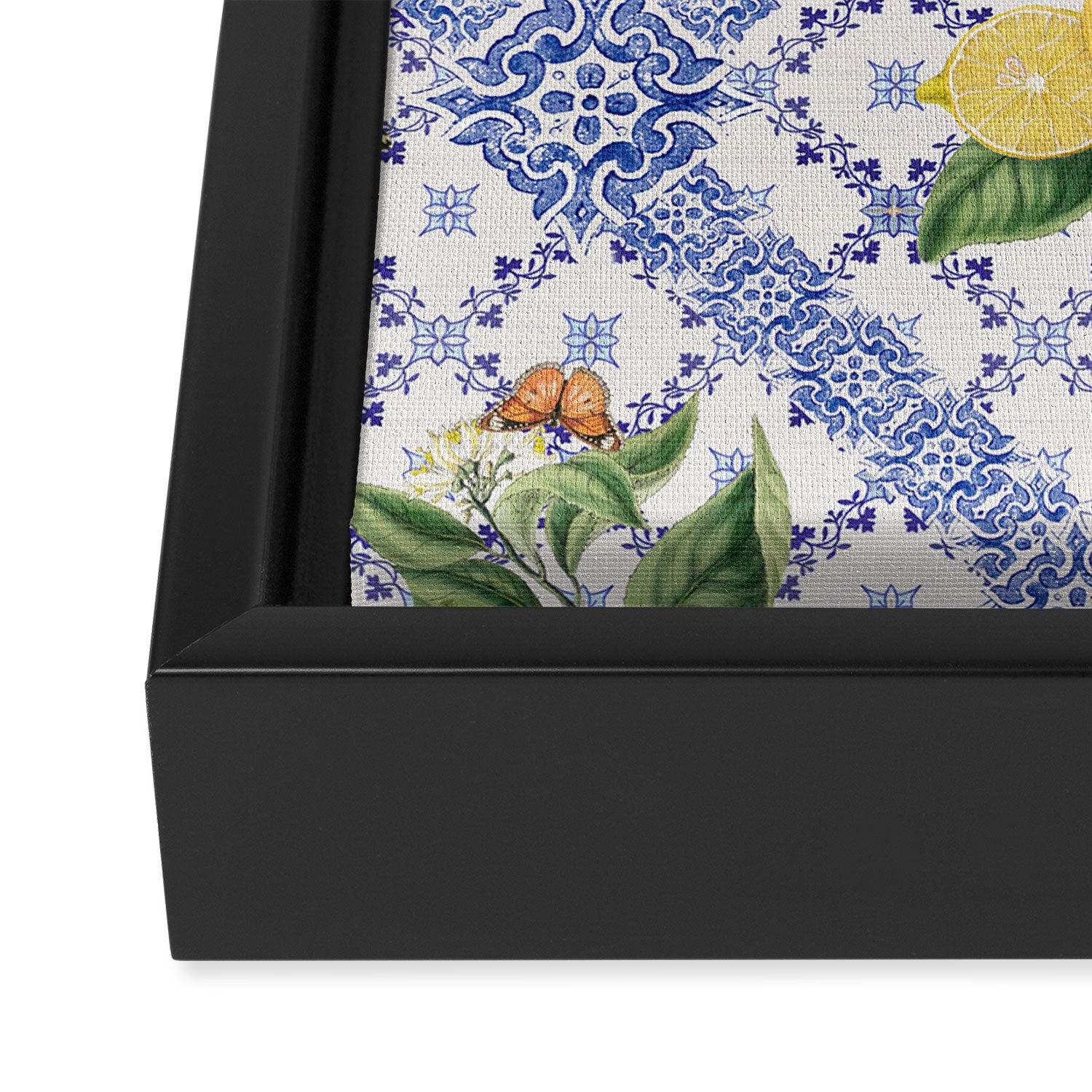 Mediterranean citrus, lemons on blue ceramic tiles Framed Canvas Print Gallery Image 3