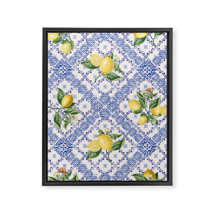 Mediterranean citrus, lemons on blue ceramic tiles Framed Canvas Print Gallery Image 1