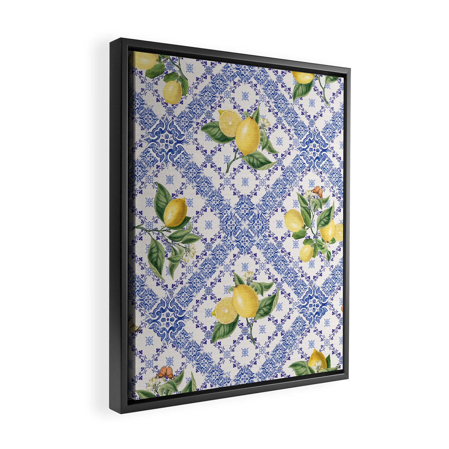 Mediterranean citrus, lemons on blue ceramic tiles Framed Canvas Print Gallery Image 2