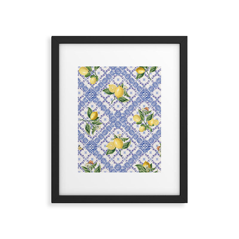 Mediterranean citrus, lemons on blue ceramic tiles Framed Art Print Gallery Image 6