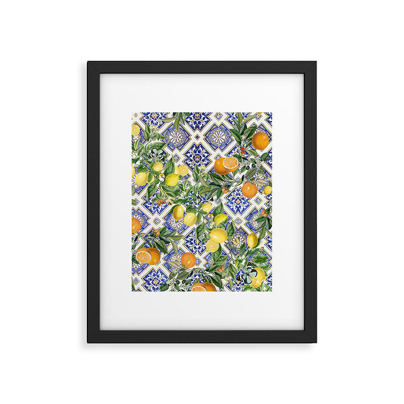Sicilian Citrus, Mediterranean tiles, vintage lemons and orange fruit pattern Framed Art Print Gallery Image 6