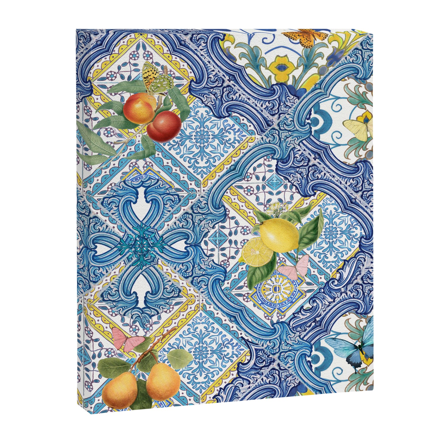 Sicilian Limones, italian mediterranean citrus fruit maiolica blue tiles Canvas Print Gallery Image 3