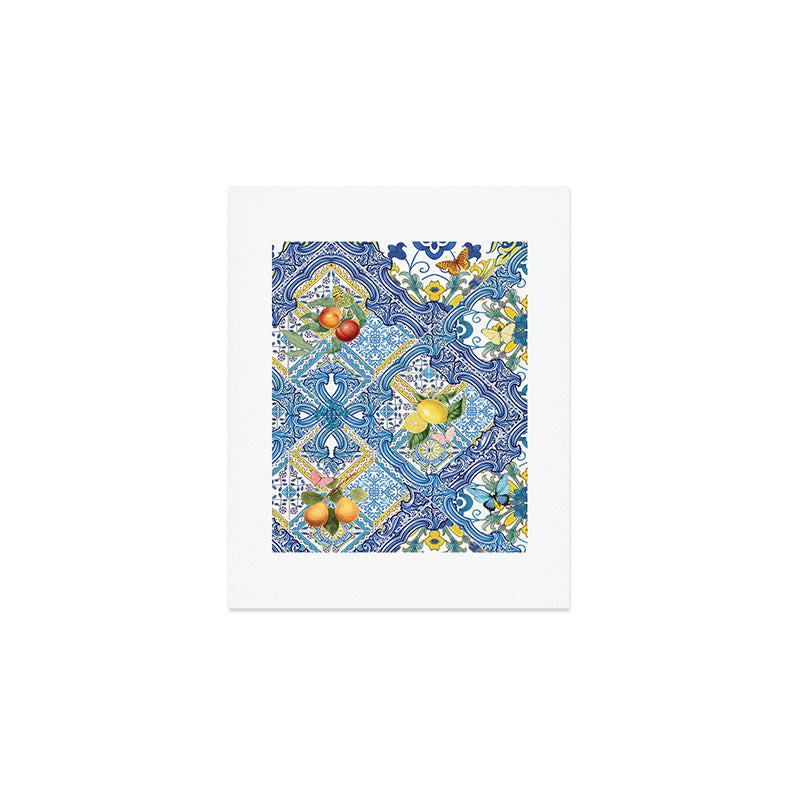 Sicilian Limones, Italian Mediterranean Citrus Fruit Maiolica Blue Tiles Art Print