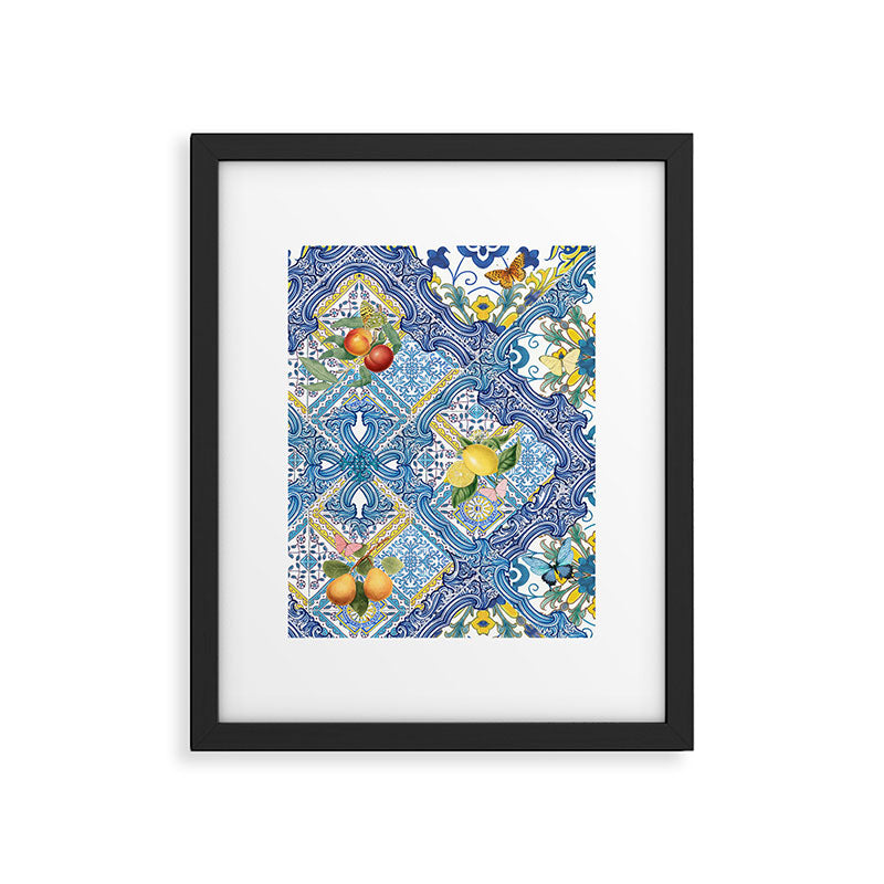 Sicilian Limones, italian mediterranean citrus fruit maiolica blue tiles Framed Art Print