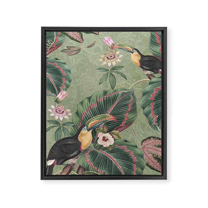Tropical jungle vintage toucans and passiflora flower green botanical jungle Framed Canvas Print Gallery Image 1