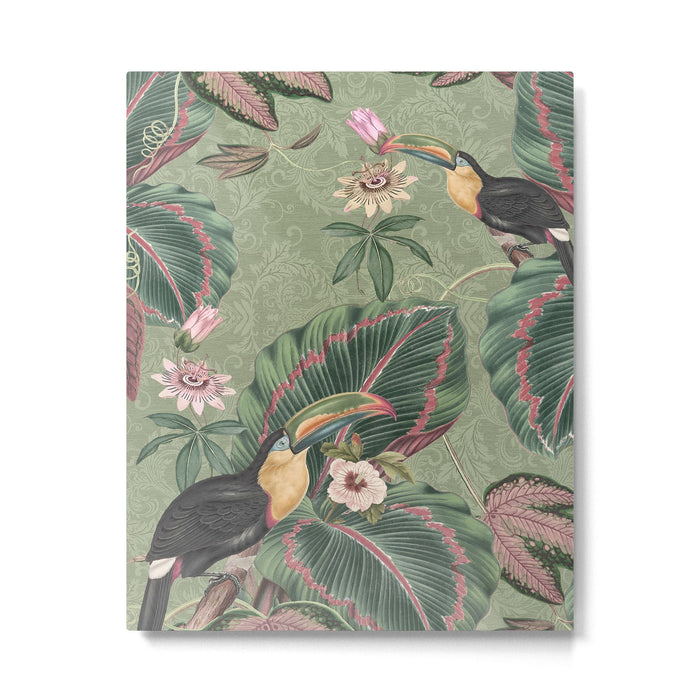 Tropical jungle vintage toucans and passiflora flower green botanical jungle Metal Print Gallery Image 1