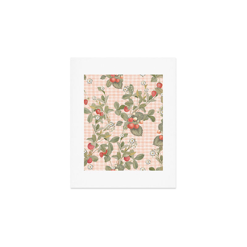 Vintage wild strawberries on cottage pink gingham pattern Art Print Gallery Image 1