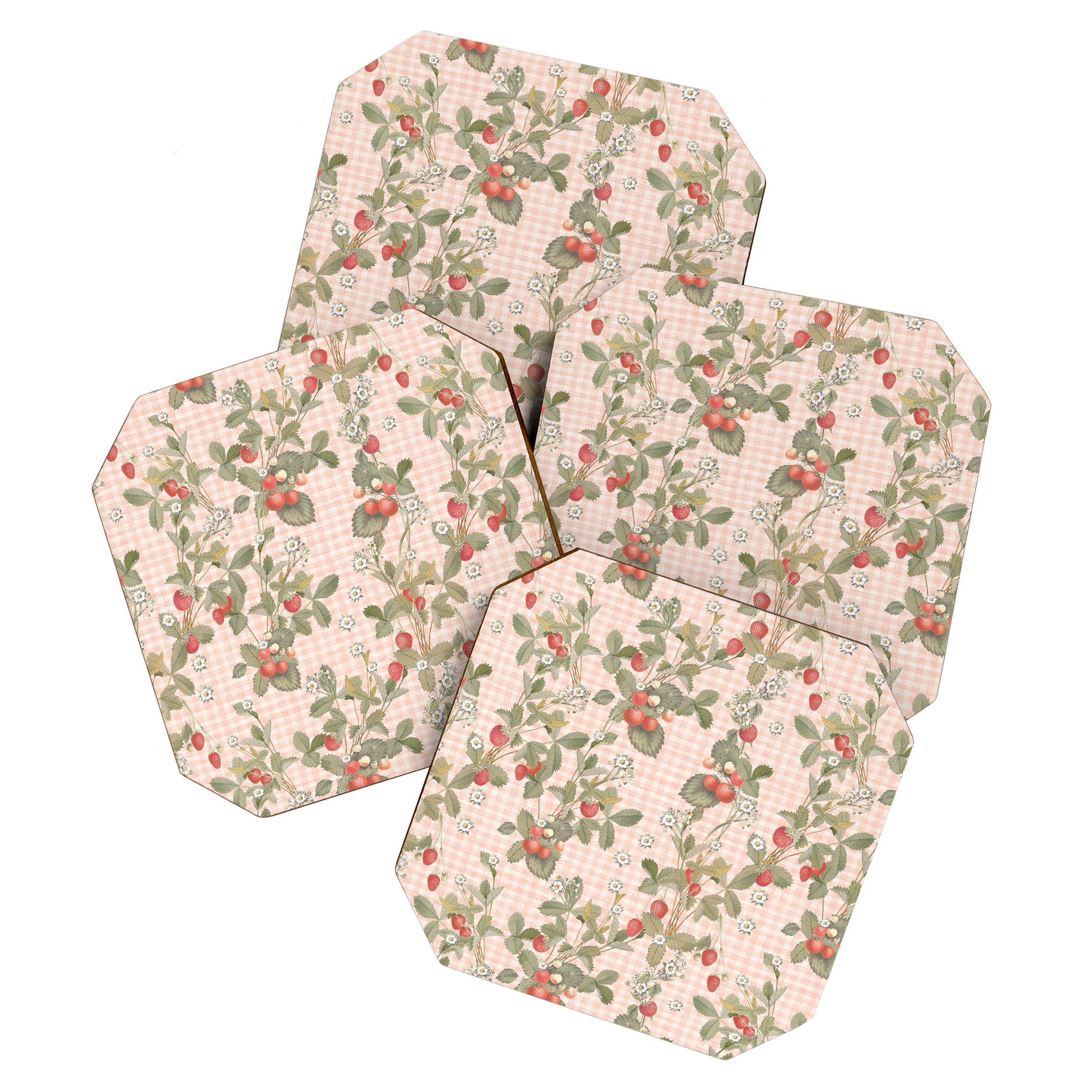 Vintage wild strawberries on cottage pink gingham pattern Coaster Gallery Image 1