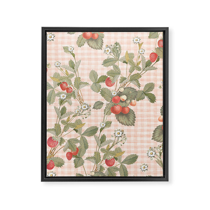 Vintage wild strawberries on cottage pink gingham pattern Framed Canvas Print Gallery Image 1