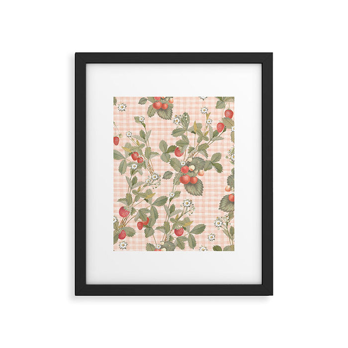 Vintage wild strawberries on cottage pink gingham pattern Framed Art Print Gallery Image 1
