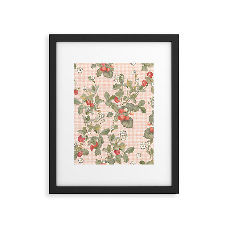 Vintage wild strawberries on cottage pink gingham pattern Framed Art Print Gallery Image 6
