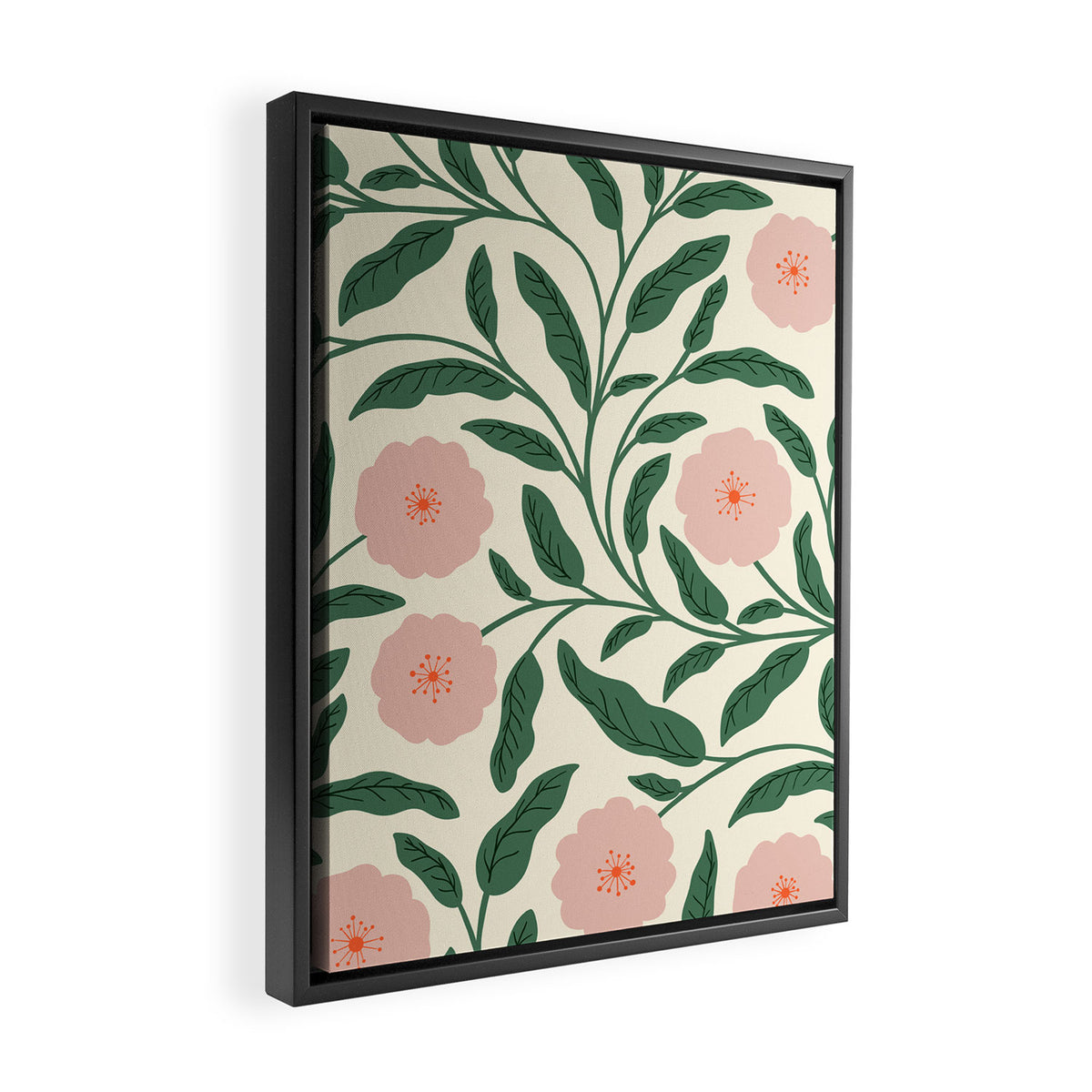 Bold Pink Botanical Blooms on Light Pattern Framed Canvas Print Gallery Image 2