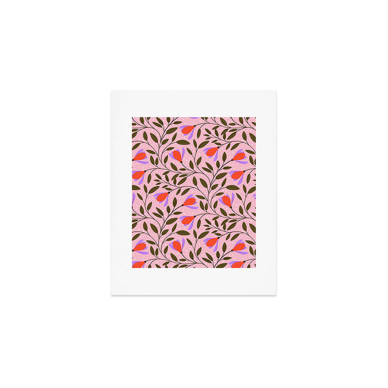 Delicate Magnolia Floral Pattern on Pink Art Print Gallery Image 1