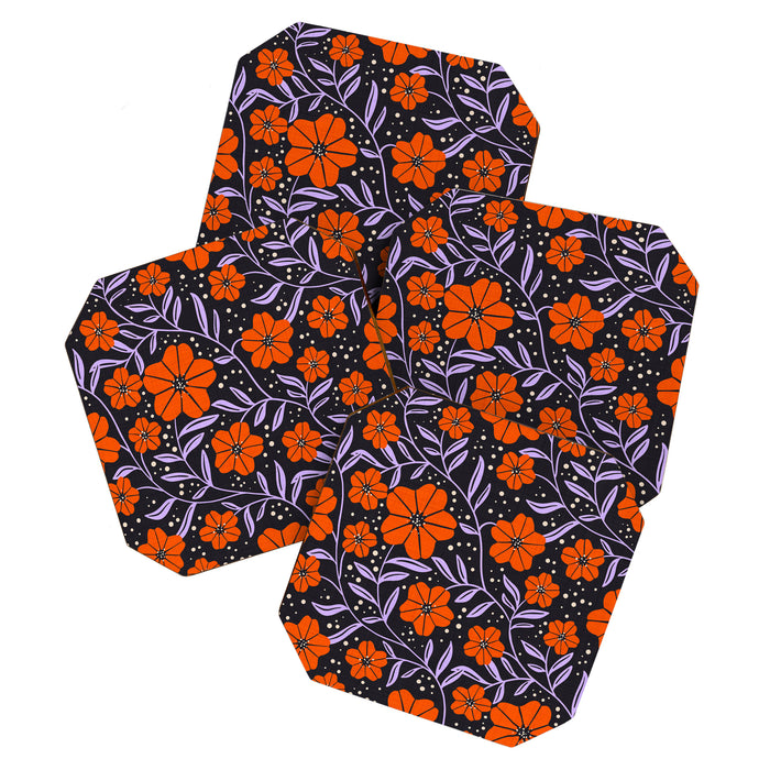 Floral Vine Tangerine Orange, Lavender Purple, Deep Purple, Modern Boho Home Decor Coaster Gallery Image 1