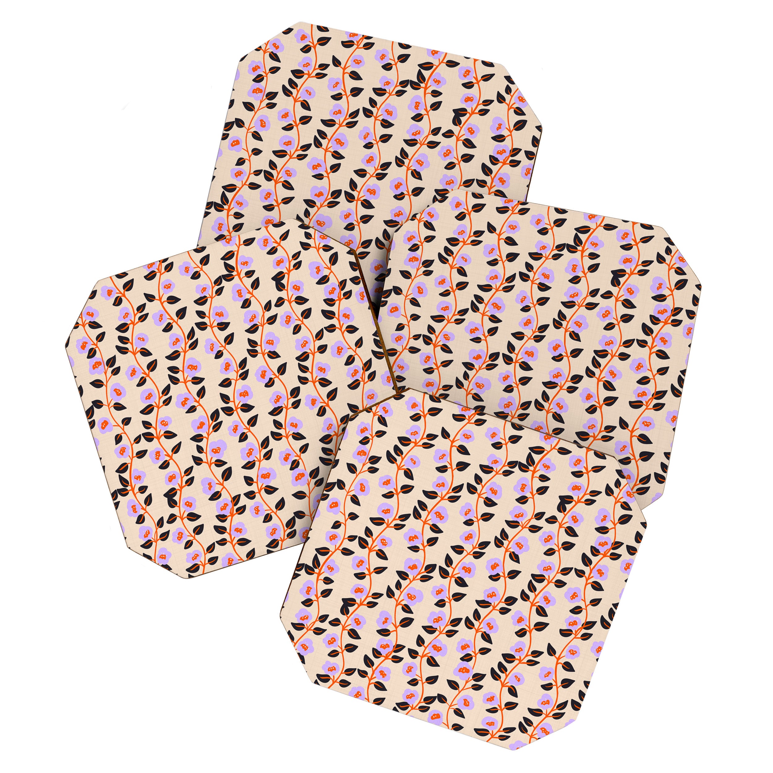 Floral Vine Toss Pink Lavender, Deep Purple, Cream Ivory, Elegant Home Decor Coaster Gallery Image 1