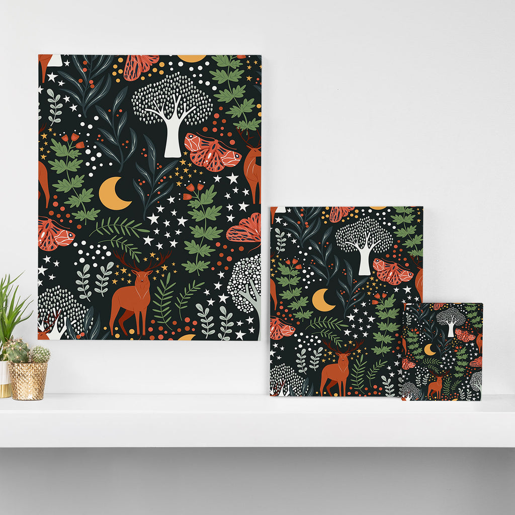 Full-Moon forest: Whimsical Woodland Nightscape with Deer and Moths Canvas Print Gallery Image 3