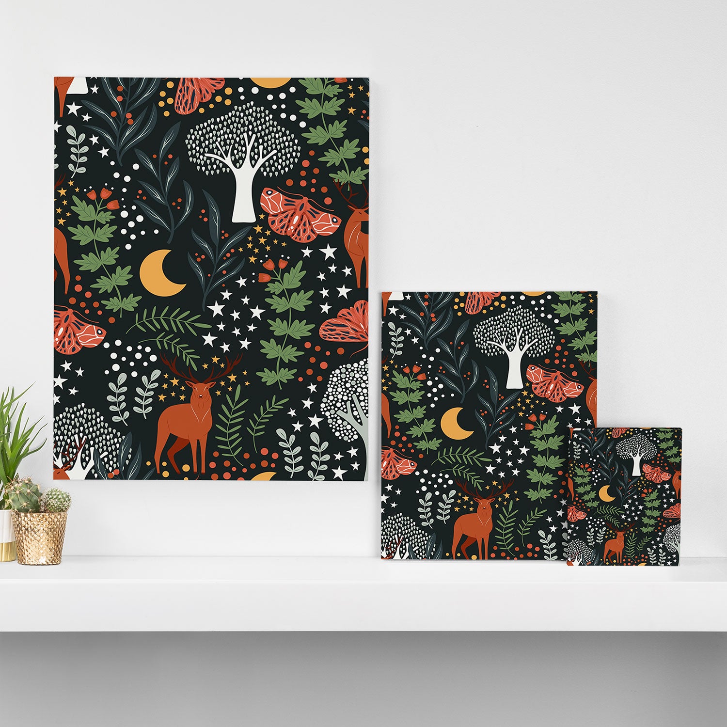 Full-Moon forest: Whimsical Woodland Nightscape with Deer and Moths Canvas Print Gallery Image 3