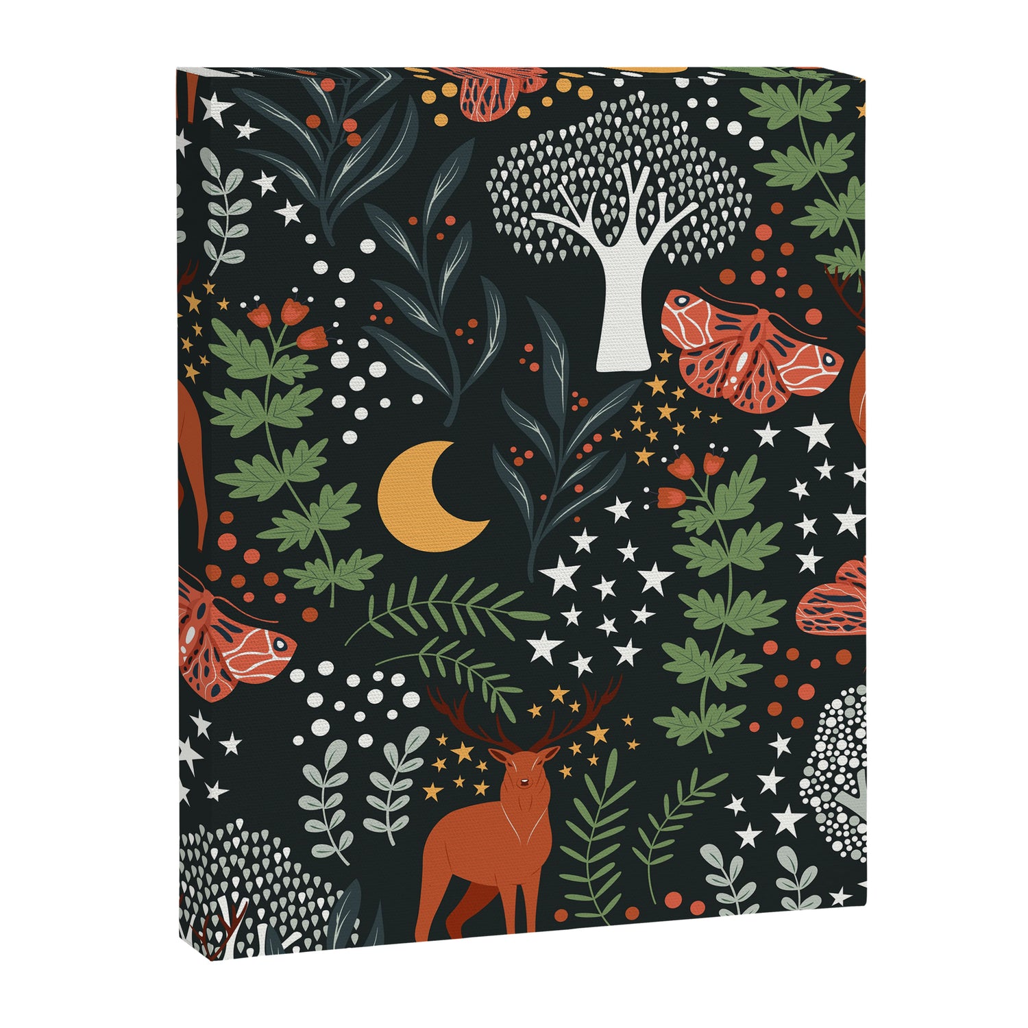 Full-Moon forest: Whimsical Woodland Nightscape with Deer and Moths Canvas Print Gallery Image 3