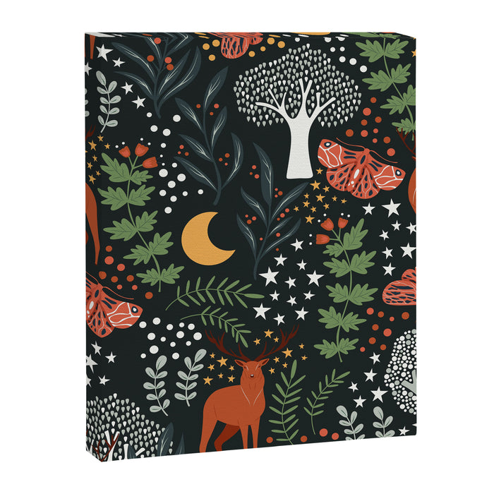 Full-Moon forest: Whimsical Woodland Nightscape with Deer and Moths Canvas Print Gallery Image 1