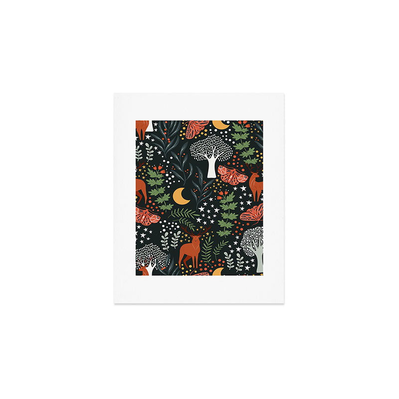 Full-Moon forest: Whimsical Woodland Nightscape with Deer and Moths Art Print Gallery Image 1