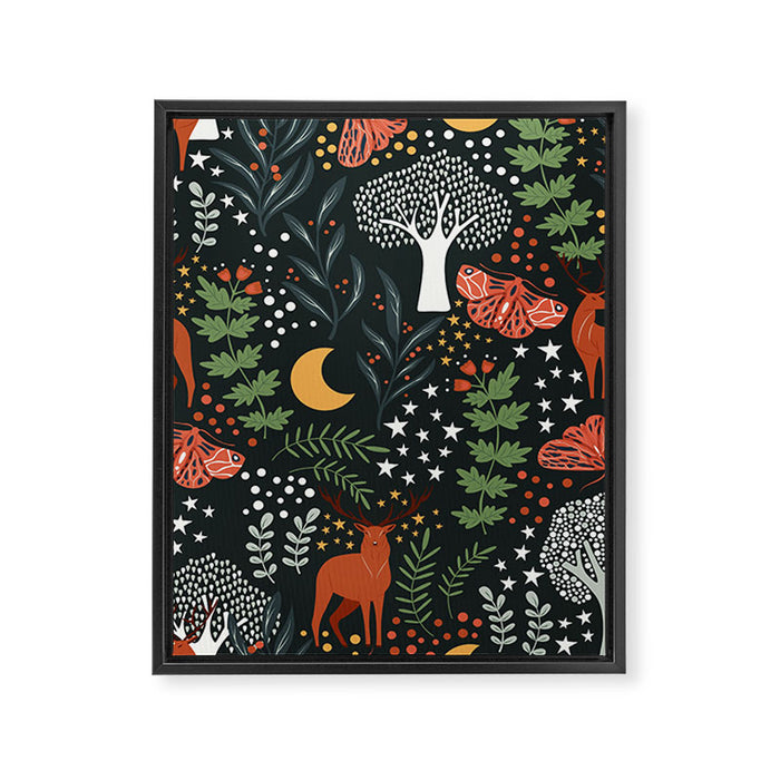 Full-Moon forest: Whimsical Woodland Nightscape with Deer and Moths Framed Canvas Print Gallery Image 1