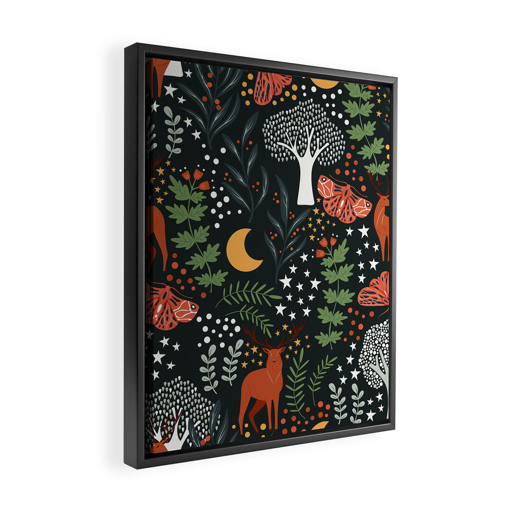 Full-Moon forest: Whimsical Woodland Nightscape with Deer and Moths Framed Canvas Print Gallery Image 2
