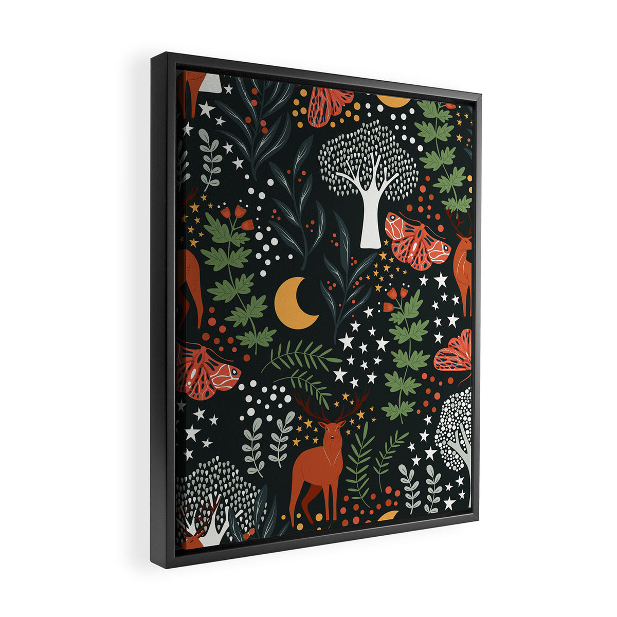 Full-Moon forest: Whimsical Woodland Nightscape with Deer and Moths Framed Canvas Print Gallery Image 2