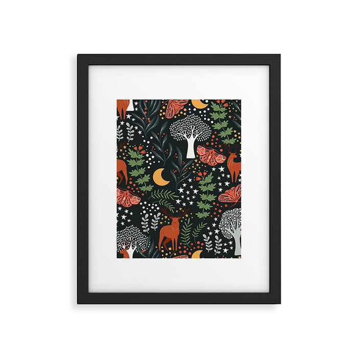 Full-Moon forest: Whimsical Woodland Nightscape with Deer and Moths Framed Art Print Gallery Image 1
